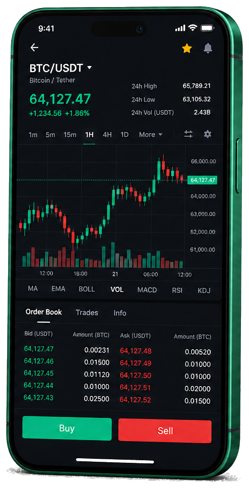 Interfaz móvil de Stake Manerix 0.6 con gráficas en vivo de BTC/USDT, libro de órdenes y panel de compra/venta